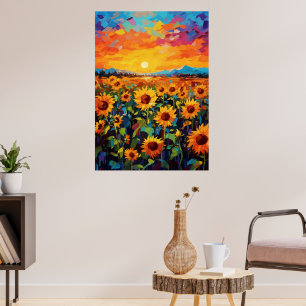 Affiche Sunset Sunflower Field Art