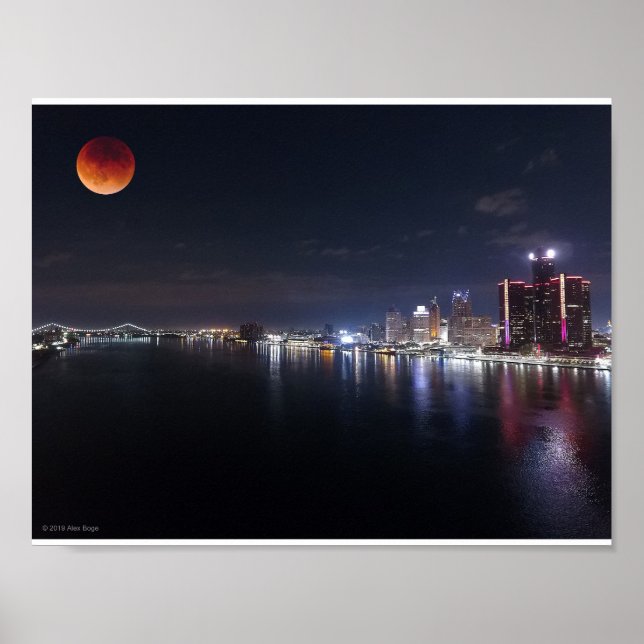 Affiche Super Blood Wolf Moon sur drone photo Detroit (Devant)