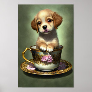 Affiche Super Golden Retriever Puppy dans un Tea