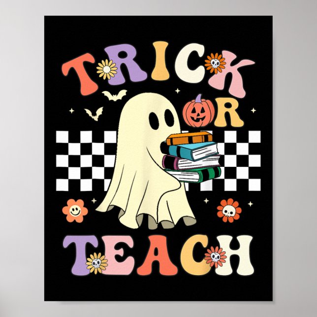 Affiche Super Halloween Trick Ou Enseigner Retro Floral Fa (Devant)