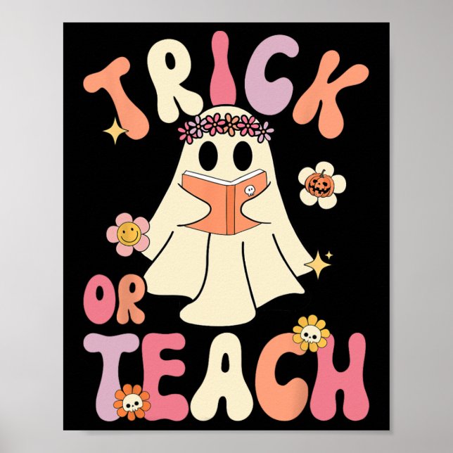Affiche Super Halloween Trick ou Enseigner Retro Floral Fa (Devant)