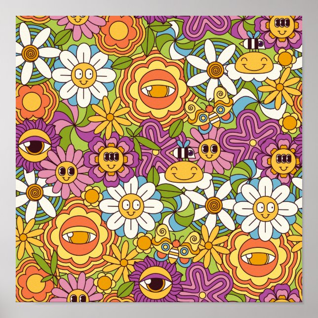 Affiche Super Retro Psychedelic Motif de jardin de fleurs (Devant)