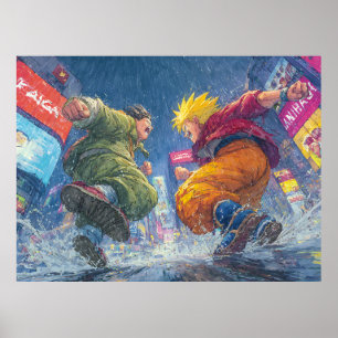 Affiche Super Saiyan Goku Combat Épique sous la Pluie