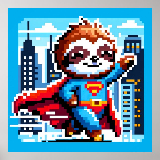 Affiche Super Sloth Funny Pixel Art Hero Design de paysage (Devant)