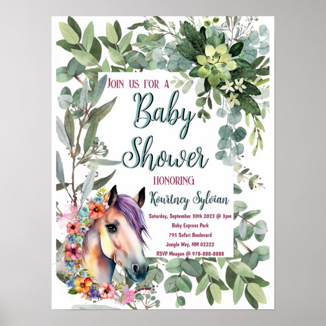 Affiche Superbe aquarelle Floral Horse Baby shower (Devant)