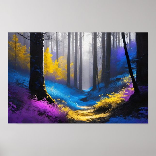 Affiche Superbe forêt mystérieuse bleu jaune et violet (Devant)