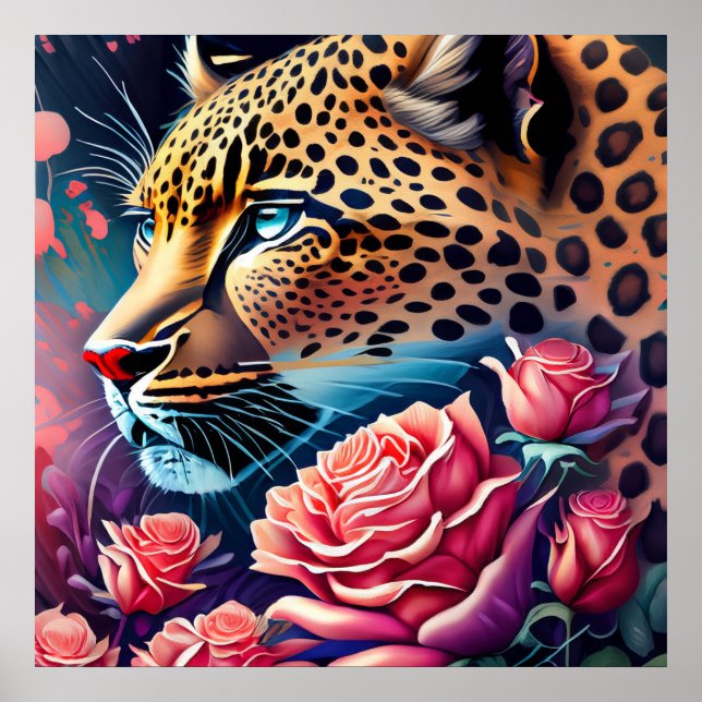 Affiche Superbe léopard bleu orné de peinture Rose (Devant)