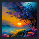 Affiche Superbe lever de soleil sur l'étang<br><div class="desc">arbre à fleurs coloré bleu et violet Beau lever de soleil à l'horizon sur l'étang herbes colorées AI ART créé par minx267</div>
