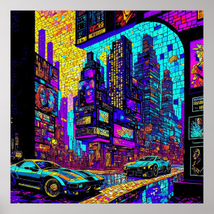 Affiche Superbe Mosaïque Vitrail Neon Cyberpunk City