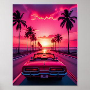 Affiche Superbe Voiture Palmiers Plage Summer Rose Vue