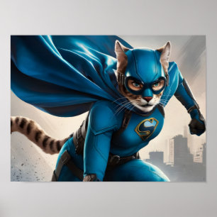 Affiche Superhéros Feline à capuchon bleu vif avec lunette