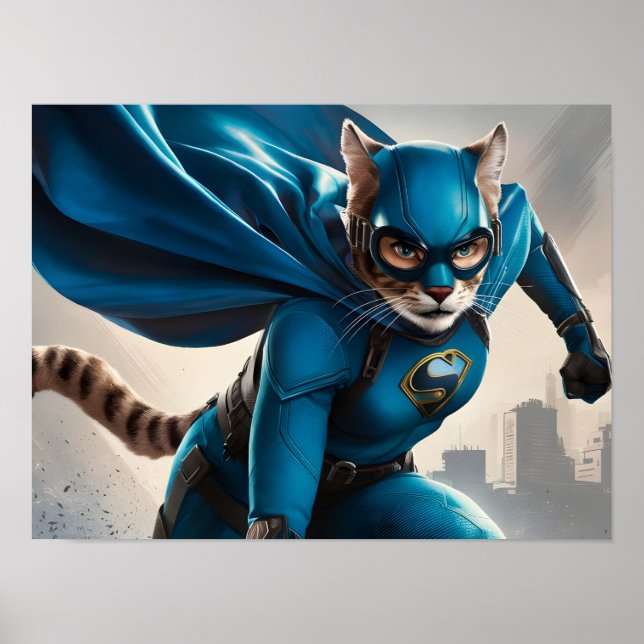 Affiche Superhéros Feline à capuchon bleu vif avec lunette (Devant)