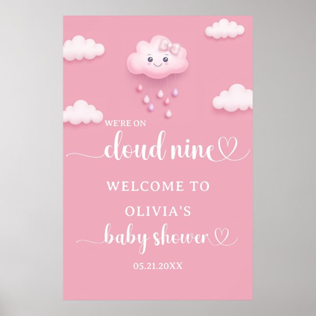 Affiche Sur Cloud Neuf Baby shower rose moderne Bienvenue (Devant)