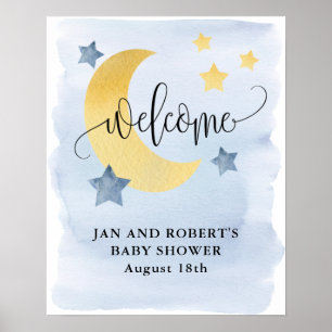 Affiche Sur la Lune, Baby shower bleu Bienvenue