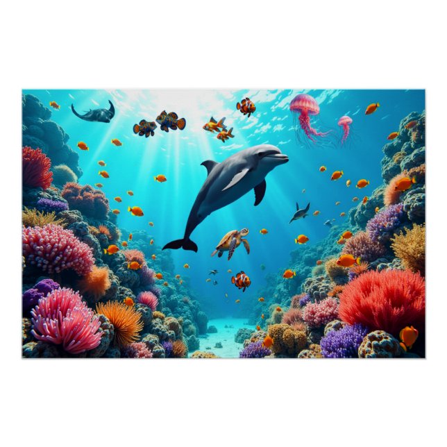 Affiche sur la vie océanique avec dauphin et récif (Devant)