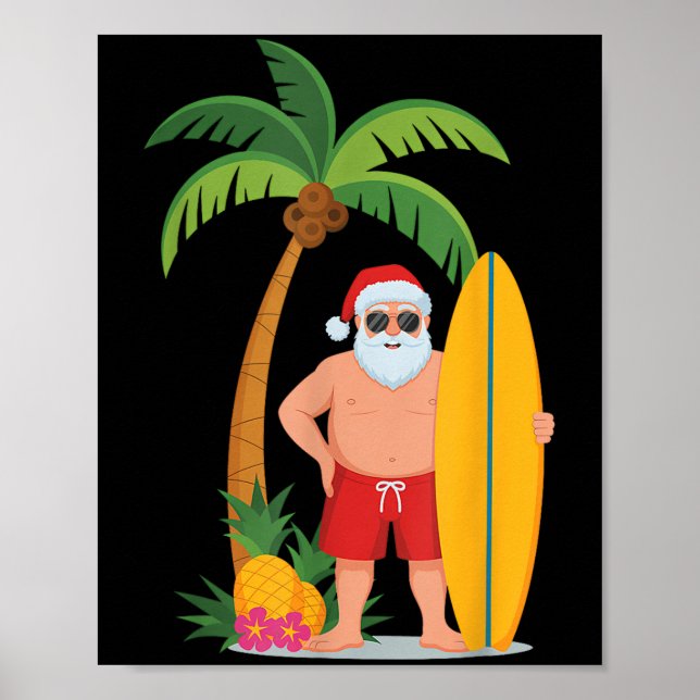 Affiche Surf de Noël Père Noël Beach Ne Vacances Surf (Devant)