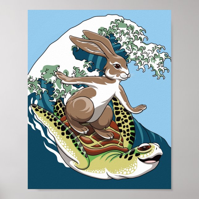 Affiche Surf d'été - Illustration de tortue et lapin (Devant)