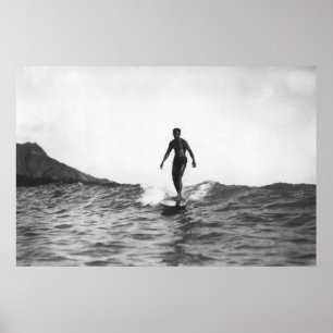 Affiche Surf en Honolulu Hawaii Surfer Longboard