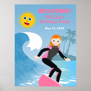 Affiche Surf Fille fête d'anniversaire