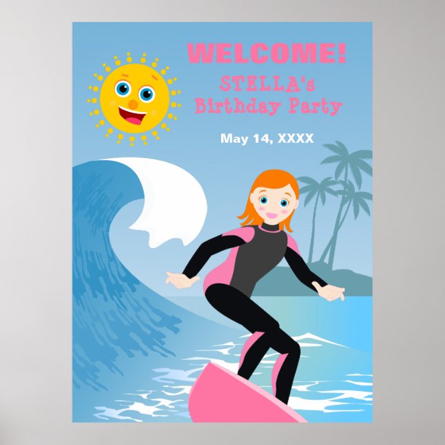 Affiche Surf Fille fête d'anniversaire (Devant)