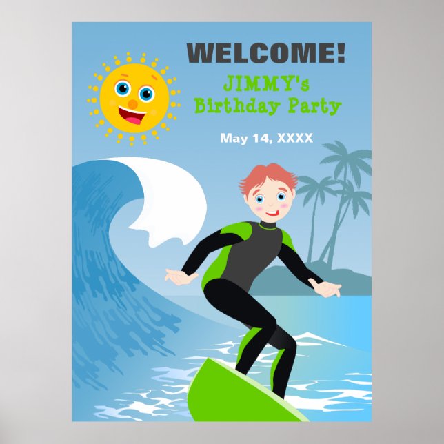 Affiche Surf garçon fête d'anniversaire (Devant)
