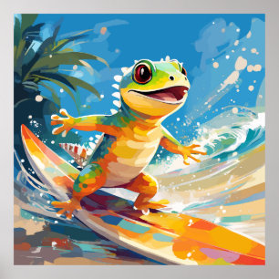 Affiche Surf Gecko Riding Les Vagues