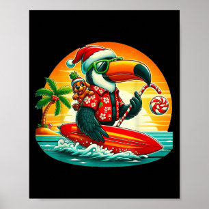 Affiche Surf Père Noël Toucan Et Chien Drôle Tropical Chri