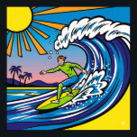 Affiche Surf Pop Art<br><div class="desc">Graphique de haute qualité d'une scène de surf dans un style pop art,  avec un surfeur avec des contours audacieux et des couleurs plates et vives chevauchant une vague stylisée.</div>