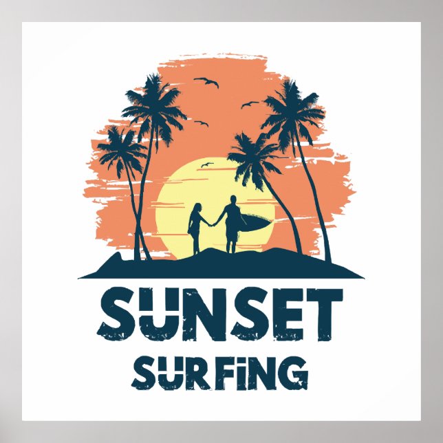 Affiche Surf - Surf au coucher du soleil  (Devant)