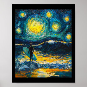 Affiche Surf Surfant Planche de Surf - Style Van Gogh - Ét