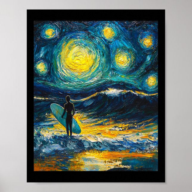 Affiche Surf Surfant Planche de Surf - Style Van Gogh - Ét (Devant)