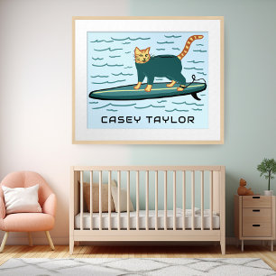 Affiche SURF Tabby Chat Funny Mignonne NOM PERSONNALISÉ Nu