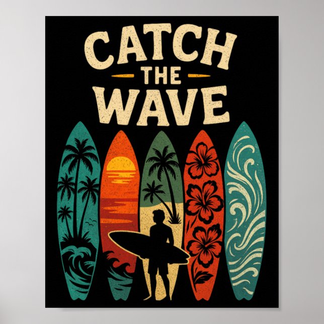 Affiche Surfant sur les vagues de la plage d'été sur une p (Devant)
