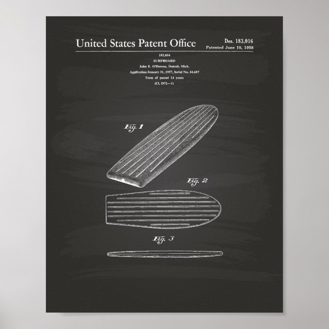 Affiche Surfboard 1958 Patent Art Chalkboard (Devant)