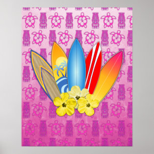 Affiche Surfboard and Hibiscus Flowers