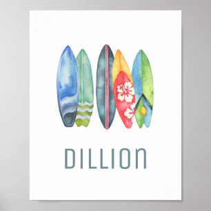 Affiche Surfboard Watercolor Custom Name Print