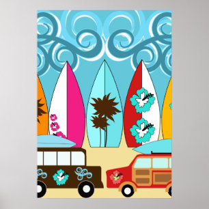 Affiche Surfboards Beach Bum Surfing Hippie Vans