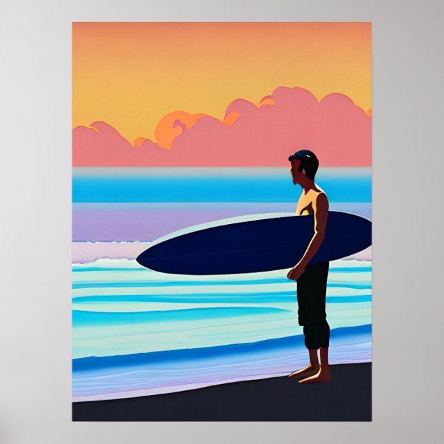 Affiche Surfer debout sur une plage au coucher du soleil (Devant)