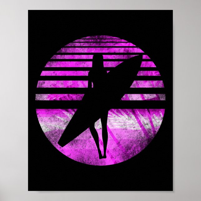 Affiche Surfer Girl Surfboard Sunset Palm Tree (Devant)