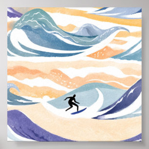 Affiche Surfer la Vague Océan Aquarelle Contemporaine