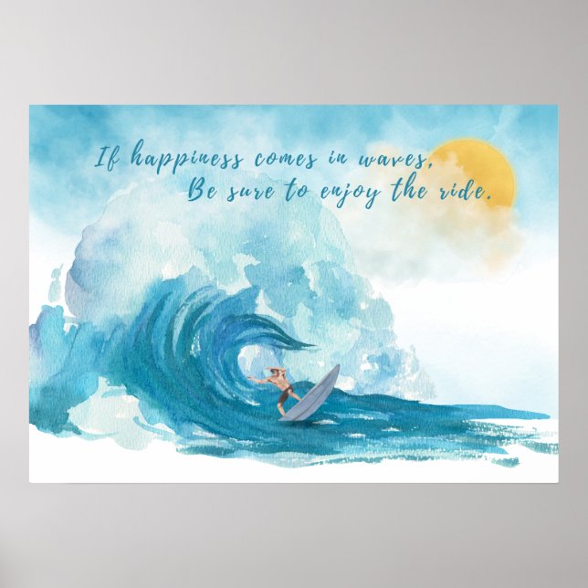 Affiche Surfer | Le bonheur vient dans les vagues Inspirat (Devant)