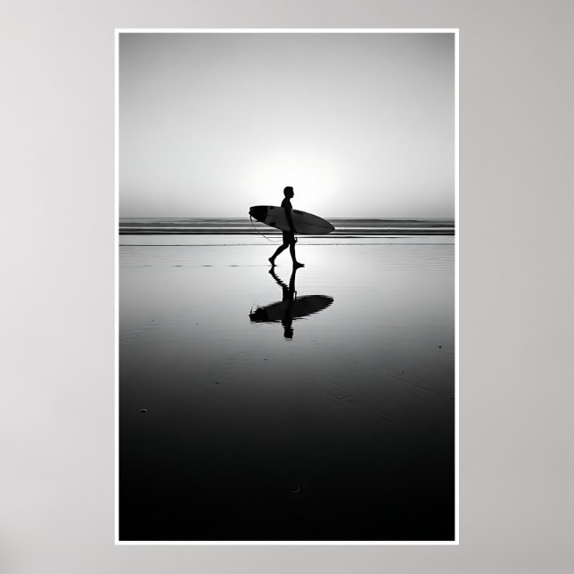 Affiche Surfer noir et blanc au coucher du soleil (Devant)