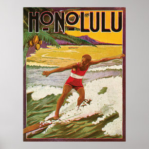 Affiche Surfer sur la plage tropicale de Honolulu, voyage
