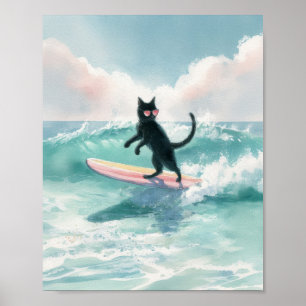 Affiche Surfer Whimsical Black Cat aquarelle Art