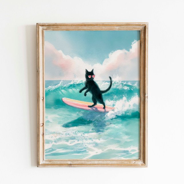 Affiche Surfer Whimsical Black Cat aquarelle Art (Créateur téléchargé)