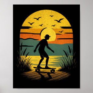 Affiche Surfeur au coucher du soleil - Plage de surf rétro