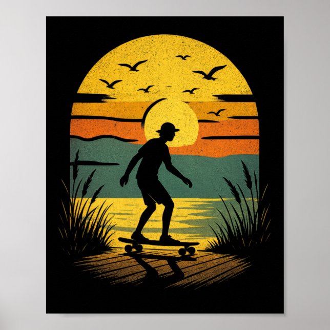 Affiche Surfeur au coucher du soleil - Plage de surf rétro (Devant)