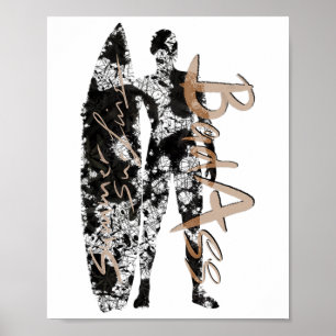 Affiche Surfeur de surf d'été en noir avec planche de surf