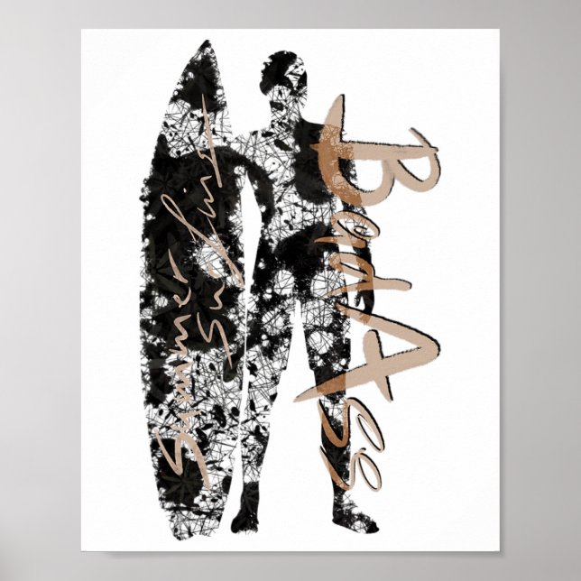 Affiche Surfeur de surf d'été en noir avec planche de surf (Devant)