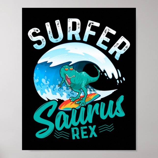 Affiche Surfeur Saurus Rex Dinosaure de surf Dino Surfe (Devant)